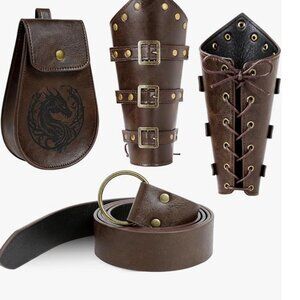 Viking Renaissance Belt, Medieval Pouch & Leather Bracers for Halloween